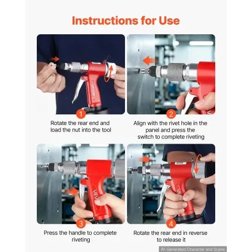 VEVOR Druckluft Nietmutternzange Set mit 3 SAE- & 5 Metrischen Kopfstück, Pneumatische Blindnietzange Set für Automobil Industrie Heimwerkerprojekt, 1215kg Zugkraft, M4 M5 M6 M8 M10 1/4 5/16 3/8 Zoll – Bild 4