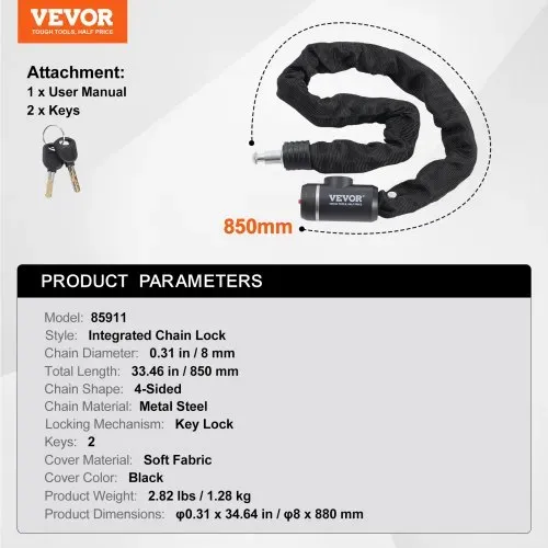 VEVOR 88 cm langes Kombinations-Fahrradkettenschloss Fahrradkettenschloss mit 2 Schlüsseln, robuste & diebstahlsichere Hochsicherheits-Fahrradschlösser, perfekt für Fahrrad Motorrad Roller Fahrrad Tür Zaun – Bild 6