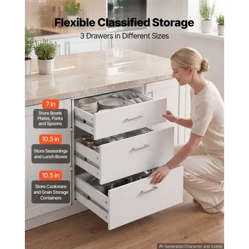 VEVOR Unterschrank 600x475x815 mm BxTxH Spanplatte Küchenunterschrank Weiß, für Waschküche und Bad, ohne Arbeitsplatte, im Shaker-Stil, mit 3 Schubladen, Soft-Close-Mechanismus und 3M-Laminierung – Bild 5