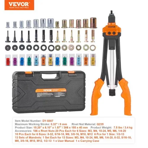 VEVOR Nietmutternzange-Set Blindnietmutternzange 410 mm, Nietenzange 13 Sätze von Muttern & Dornen, Nietmutterwerkzeug M3 M4 M5 M6 M8 M10 M12 Profi Handnietzange, Nietmaschine Gewinde Nuss Nieten – Bild 6