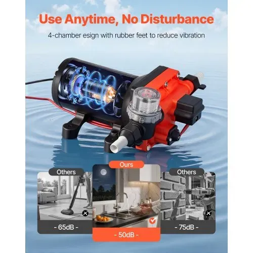 VEVOR Membranpumpe, 12 V DC, 22,7 L/min, selbstansaugende 4-Kammer-Membranwasserpumpe mit automatischem Druckschalter, 4,8 bar Druck, für Wohnmobil, Wohnwagen, Schiff, Yacht, Autowäsche – Bild 5