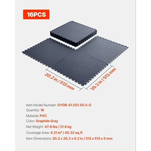VEVOR PVC Garagenboden, 16er-Pack 513x513x5 mm, Werkstattboden, Industrieboden, Klick Verlegung, rutschfeste PVC-Matten mit Diamantplatte für Werkstatt, Lager, Werkzeugraum, Graphitgrau – Bild 6