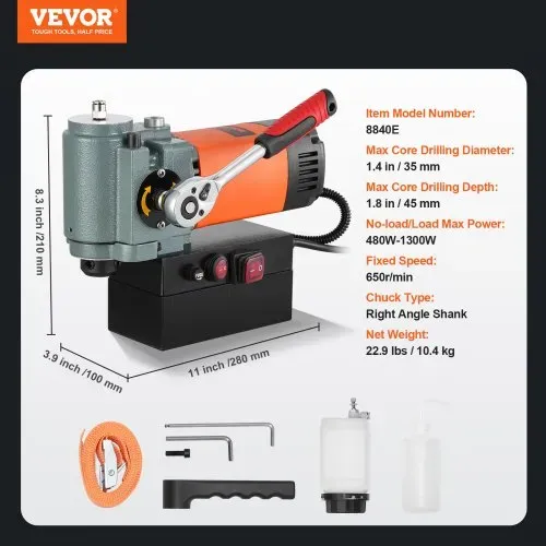 VEVOR Magnetbohrmaschine, Kernbohrmaschine 1300 W, flache tragbare Magnetbohrmaschine mit Kühlvorrichtung und Überlastschutz, Magnetpresse für Geräteinstallation, Industrie, Metallbearbeitung, Orange – Bild 6
