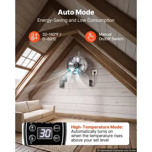 VEVOR Giebellüfter 38cm Dachbodenlüfter mit 2208,7m³/h Luftstrom Silber, Kühlung & Luftzirkulation für Dachboden Garage & Werkstatt, Kohlenstoffstahlgehäuse, mit Thermostat Netzkabel & Steuerkabel – Bild 2