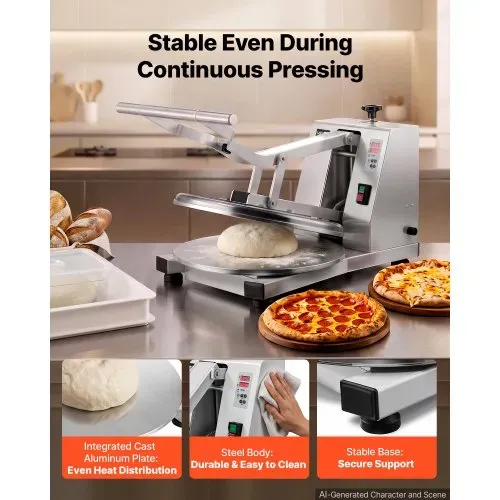 VEVOR Pizzateigpresse 18 Zoll 1200 W Elektrische Teigpresse für Pizzaböden für Pizzerien und Tortilla-Restaurants, 0-240 °C, Einstellbare Teigdicke 0-11 mm, mit Edelstahlgriff, Aluminium-Pressplatte – Bild 5