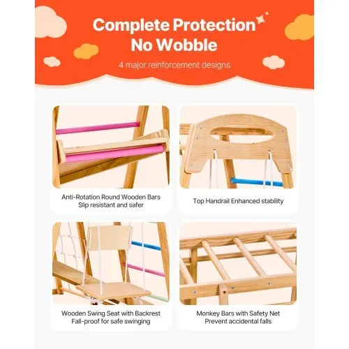 VEVOR Indoor Spielplatz Klettergerüst (9 in 1) aus Holz, 113 kg belastbares Montessori-Kletterspielzeug-Set mit Schaukeln/Klettergerüst/Rutsche/Holzleiter/Strickleiter/Kletternetz/Fels/Stange/Seil – Bild 3