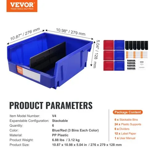 VEVOR 6er-Set Sichtlagerboxen Stapelboxen Stapelkisten Lagerkästen Blau/Rot – Bild 6