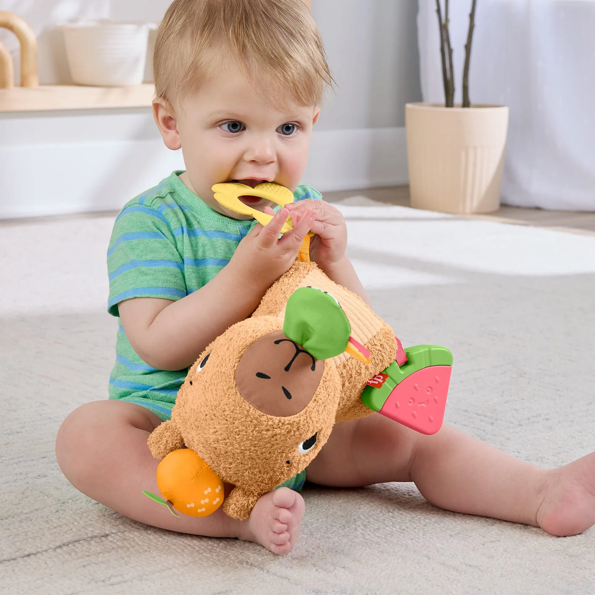 Fisher-Price sensorisches Babyspielzeug Kuschel-Capybara Plüschtier mit Beißring und Rassel für Neugeborene – Bild 2