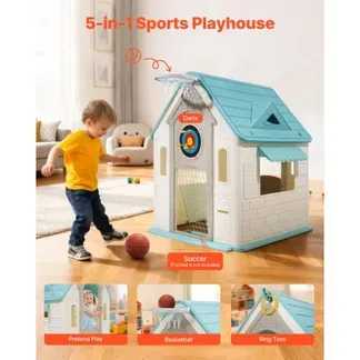 VEVOR Outdoor Spielhaus Outdoor 5 in 1 Gartenhaus (Rollenspielplatz/Basketball/Darts/Fußball/ Ringwurfspiel) Kinderspielhaus mit praktischer Tür & Rutschen-Set & Fenster für Kleinkinder ab 2 Jahren VEVOR Outdoor Spielhaus Outdoor 5 in 1 Gartenhaus (Rollenspielplatz/Basketball/Darts/Fußball/ Ringwurfspiel) Kinderspielhaus mit praktischer Tür & Rutschen-Set & Fenster für Kleinkinder ab 2 Jahren