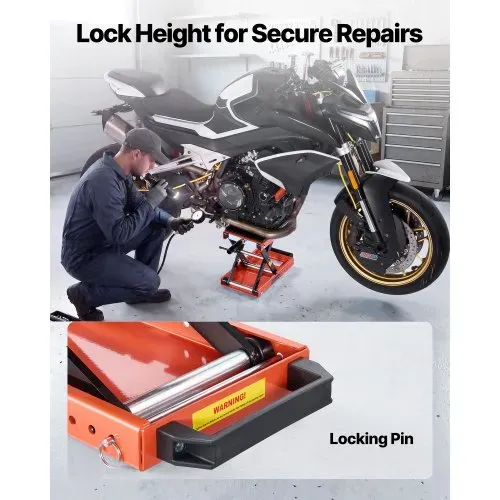 VEVOR Motorradheber 680 kg Tragkraft Motorradhebebühne mit Breiter Auflagefläche Sicherheitsbolzen 105-350 mm Höhenverstellbar Scherenheber aus Stahl für Straßenmotorräder Cruiser Schwarz Orange – Bild 4
