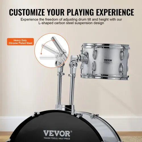 VEVOR Schlagzeug, 5-teilig, Drum in voller Größe mit Bass-/Tom-Drums, Snare, Standtrommel, verstellbaren Thronständern, Becken, Hi-Hat-Pedal und Drumsticks, Anfänger-Schlagzeug, Silber – Bild 3