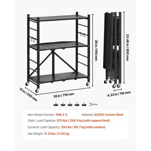 VEVOR 3 Etagen, Klappbare Regale mit Rädern, 33x71x91 cm, Faltbares Schwerlastregal, montagefreies Standregal, Haushaltsregal, Küchenregal, Metallregal für Garage, Küche, Keller, schwarz – Bild 6