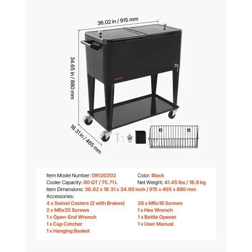 VEVOR Kühlwagen Getränkewagen 75,71 L bis zu 50 Flaschen / 110 Dosen, Beistellwagen für Terrassenpartys und Bars mit unterem Regal & Seitenkorb & Flaschenöffner & Deckel, Getränkekühler Schwarz – Bild 6