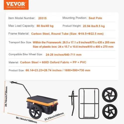 VEVOR Fahrradanhänger, 40 kg Tragkraft, Transportanhänger, faltbar und kompakt verstaubar, mit Universalkupplung, wasserdichte Abdeckung, 40,6 cm Räder, passend für 640-711 mm große Fahrradräder – Bild 6