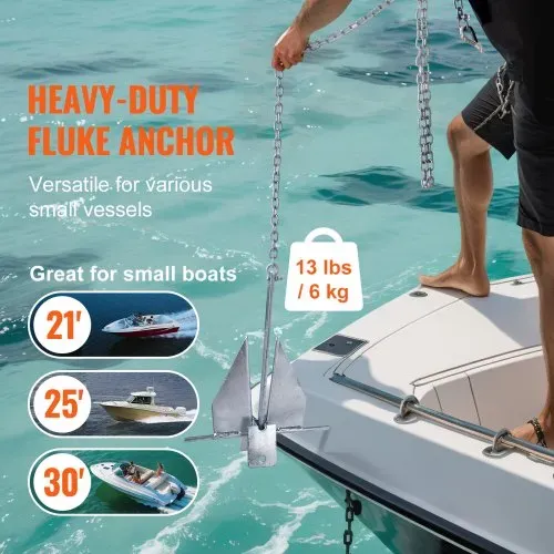 VEVOR Fluke-Ankerset Feuerverzinkter Fluke-Anker aus Stahl mit 2,4 m Kette, 30,8 m Seil und zwei 11 mm Schäkeln, Bootsanker für kleine Schiffe unter 9,14 m, Meere, Flüsse und Küsten 6kg – Bild 2
