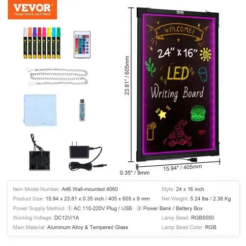 VEVOR LED-Nachrichtenschreibtafel, 24 x 16 Zoll große, beleuchtete, löschbare Kreidetafel, Menüschild mit Neoneffekt, Zeichentafel mit 8 fluoreszierenden Kreidemarkern und Fernbedienung, getestet nach UL-Standards – Bild 6