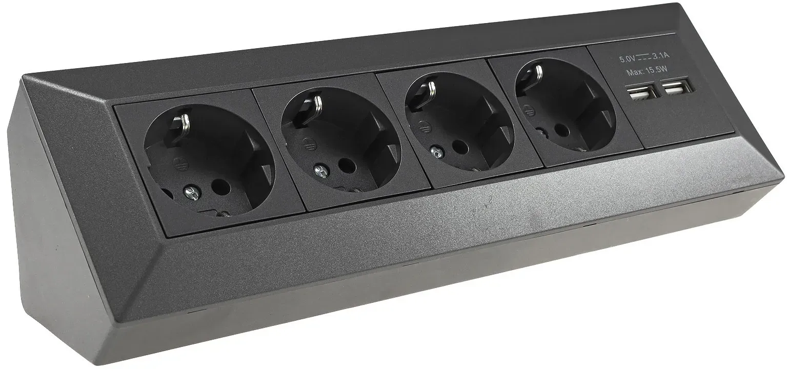 4-fach Steckdosenblock+2x USB, anthrazit 250V~/ 16A, Aufbaumontage, USB 3,1A 4-fach Steckdosenblock+2x USB, anthrazit 250V~/ 16A, Aufbaumontage, USB 3,1A
