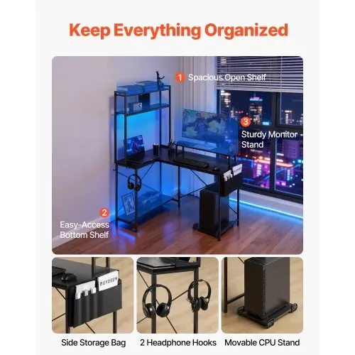 VEVOR Gaming Tisch L Form 1,2 m, Eck-Computertisch mit Monitorständer, Steckdosen, Verschiebbarem CPU-Ständer & Ablage, Eckschreibtisch 68 kg Tragfähigkeit, Gamertisch für Homeoffice – Bild 5