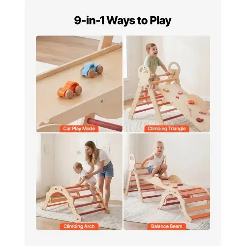 VEVOR Kletterdreieck, 9-in-1 Kletterspielzeug, mit Holzautos, Kissen, Kletterdreieck, Rutsche & Kletterbogen, bis 68 kg, Montessori Indoor Spielset für Kinder im Alter von 1 bis 3 Jahren, Orange – Bild 2