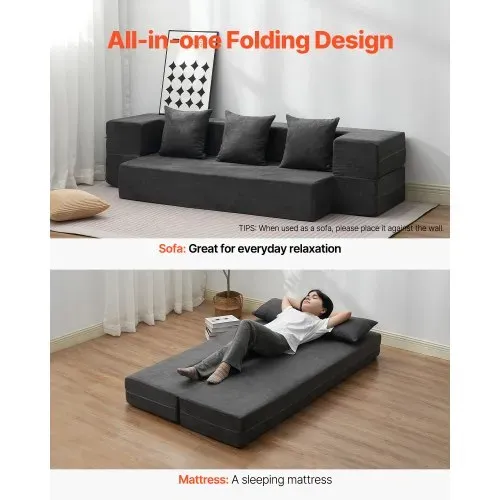 VEVOR 3 in 1 Klappsofa faltbares Schlafsofa mit 3 Kissen & waschbarem Bezug, umwandelbarer Schlafsessel aus 25D Memory Foam, Couch für Wohnzimmer Schlafzimmer, Hellgrau (TWIN /1030x1930x225mm) – Bild 4