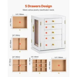 VEVOR Schmuckkästchen 360° drehbarer Schmuckkasten mit 5 Schubladen & Acrylfenster & 4 Halskettenhaken auf jeder Seite, Aufbewahrungskoffer mit Metallgriffen, Bodenpolster & weichem Samtfutter weiß VEVOR Schmuckkästchen 360° drehbarer Schmuckkasten mit 5 Schubladen & Acrylfenster & 4 Halskettenhaken auf jeder Seite, Aufbewahrungskoffer mit Metallgriffen, Bodenpolster & weichem Samtfutter weiß