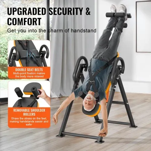 VEVOR Inversionstisch Inversionsbank, 136 kg belastbar, Multifunktionsgerät Rückentrainer, klappbares Krafttrainingsgerät mit Kopfstütze, Knöchelverriegelung, verstellbarem Schutzgurt, Orange/Schwar – Bild 2
