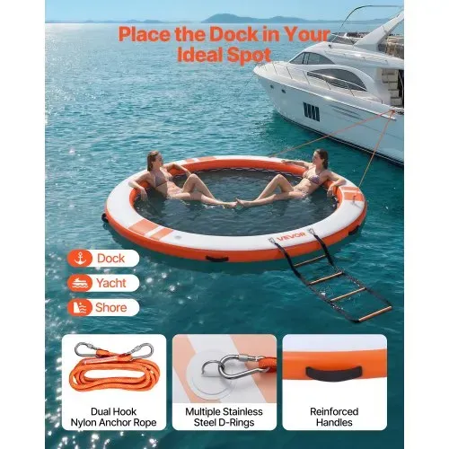 VEVOR Aufblasbares Schwimmdock, φ3,05 m, Schwimmplattform mit Rutschfester Oberfläche, Tragetasche & Abnehmbarer Leiter, Schwimmende Insel, Wasserplattform für Pool, Strand & Meer, Orange – Bild 3