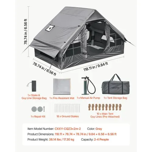 VEVOR Aufblasbares Zelt Campingzelt Luftzelt 2-4 Personen mit Pumpe Grau, für Outdoor-Aktivitäten Wasserabweisendes 420D Oxford-Gewebe Dachfenster Ofenrohrdurchführung Netzfenster & Tragetasche – Bild 6