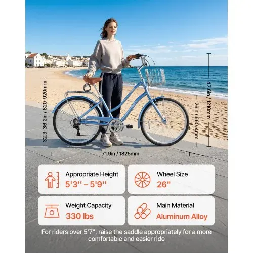 VEVOR Damenfahrrad 26 Zoll Cruiser-Fahrrad 150 kg 7-Gang Citybike Hellblau, für Pendelfahrten Besorgungen und Strandfahrten, mit Korb, Gepäckträger bis 50 kg, Doppel-V-Bremsen und Praktischem Zubehör – Bild 2