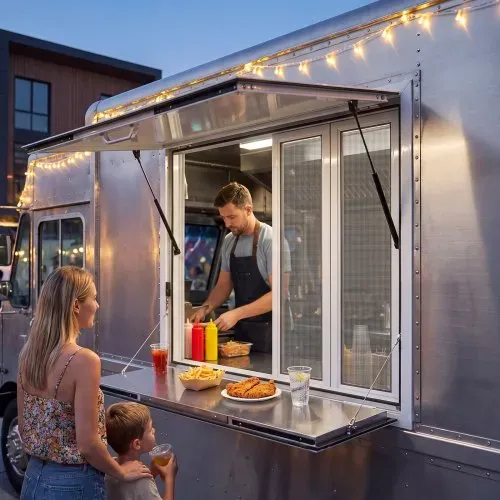 VEVOR Verkaufsfenster für Foodtrucks 915 x 915 x 110 mm Aluminiumlegierung, Konzessionsfenster Regenschutz, bis 85° Aufklappbar, Klappbarer Ablage, mit 4 Verschiebbaren Fliegengittern und Schlepphaken – Bild 7