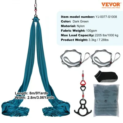 VEVOR Aerial Yoga Hängematte Set 8 x 2,8 m, Grün Aerial Yoga Swing Air Fliegen, Indoor Aerial Yoga Hammock Swing 1000 kg Max. Tragfähigkeit, inkl. Yoga-Socken & Stahlkarabiner & Alu-Drehgelenk – Bild 6
