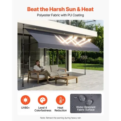 VEVOR Klemmmarkise 400 cm, Höhenverstellbare Markise mit Handkurbel, Terrassenmarkise UPF 80+ Sonnenschutz, Sonnenmarkise, Balkonmarkise, Ideal für Terrasse, Balkon & Garten, Dunkelgrau – Bild 2