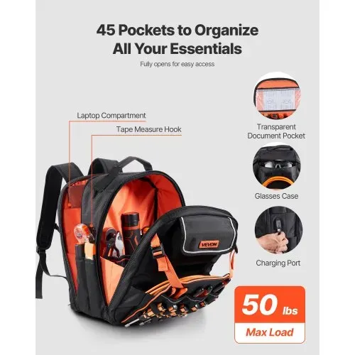 VEVOR Werkzeugrucksack, 45 Taschen, Werkzeug-Aufbewahrungs-Organizer, Backpack mit Laptopfach und verstärktem Stoffboden, Werkzeugtasche, Baustellenrucksack für Elektriker, Handwerker VEVOR Werkzeugrucksack, 45 Taschen, Werkzeug-Aufbewahrungs-Organizer, Backpack mit Laptopfach und verstärktem Stoffboden, Werkzeugtasche, Baustellenrucksack für Elektriker, Handwerker