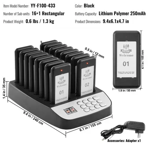 VEVOR Restaurant-Pager-System, Kabelloses Warteschlangensignal mit 500 m Reichweite, Piepser zur Rufannahme von Gästen mit Vibration und Blinken, 16 Pager für Imbisswagen, Kirche – Bild 6