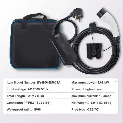 VEVOR Tragbares EV-Ladegerät 3,68 kW Ladegerät für Elektrofahrzeuge EV-Ladekabel Typ 2(IEC62196) CEE 7/7 Stecker 8-16A 1-Phasig EV-Ladestation 8,6m Kabellänge IP66 Wasserdicht Wallbox – Bild 6