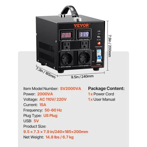 VEVOR 2000W Spannungswandler Transformator AC 110V⇋220V Transformer Wandler 2x US NEMA 5-15R 3-polige/2x standardmäßige europäische Shucko-Ausgangssteckdosen, 1x 5V-USB-Anschluss, 1x Typ-C-Buchse – Bild 4