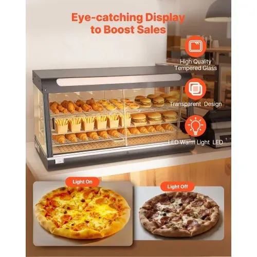 VEVOR 3-stöckige Wärmetheke 180 L, Warmhaltevitrine 1600 W, Warmhaltetheke 30–85 °C, Speisenwärmer mit LED-Beleuchtung & Verstellbaren Ablagen, Speisevitrine für Hamburger Pizza Brot Brathähnchen – Bild 3