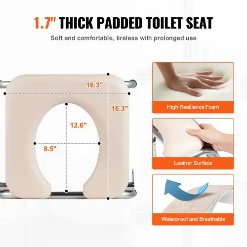 VEVOR Toilettenstuhl, Nachtstuhl mit Gepolstertem Sitz, Herunterklappbaren Armlehnen, 7-stufig Höhenverstellbar 490-640 mm, Abnehmbarer Eimer, 158,8 kg Belastbar, Tragbare Toilette für Erwachsene – Bild 4