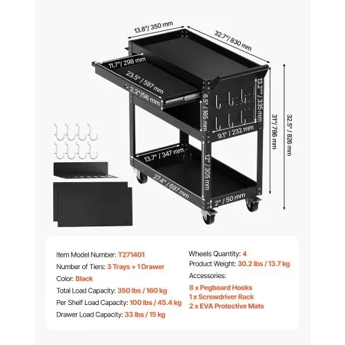VEVOR Werkzeugwagen 830x350x826 mm, 160 kg Tragkraft, Werkstattwagen mit Schublade, Aufbewahrungsorganizer für Mechanikerwerkzeuge, für Garage, Lager und Reparaturwerkstatt, schwarz – Bild 6