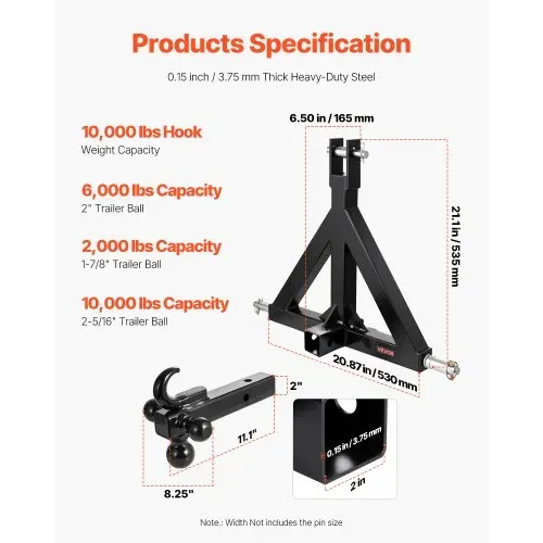 VEVOR 3-Punkt-Anhängerkupplung, 5,08 cm Empfänger, Dreipunktaufnahme mit 3 Anhängerkugeln, Traktor-Deichseladapter, kompatibel mit Kubota, Mahindra, Ford, Yanmar, John Deere, Massey Ferguson – Bild 2