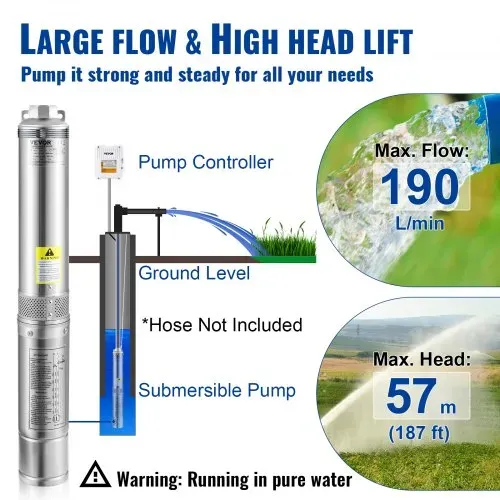 VEVOR 102 mm Tiefbrunnenpumpe 1100 W Brunnenpumpe 190 L/min Tauchpumpe max Förderhöhe 57m Rohrpumpe 230 V 50 Hz Sandpumpe IP68 Wasserpumpe 0-40°C Pumpe Ideal – Bild 2