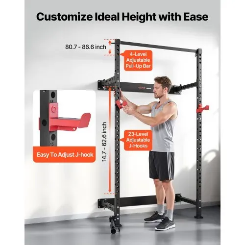 VEVOR Power Cage Klappbar 454 kg Belastbar, Wandmontiertes Power Rack, Multifunktionales Krafttrainingsgerät mit Landminenbefestigung & verstellbaren J-Haken & Klimmzugstange für Heimfitnessstudio – Bild 4