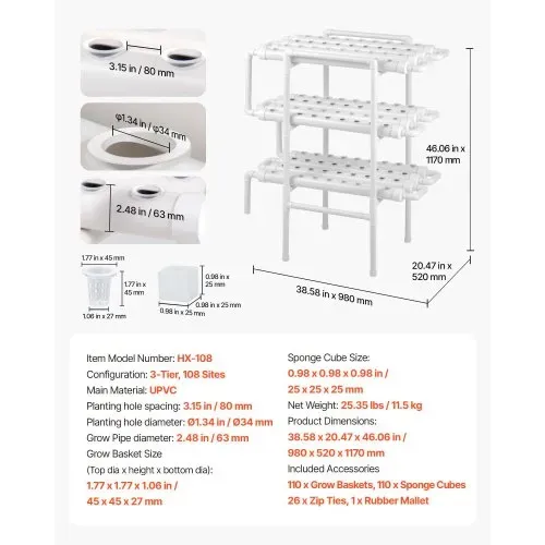 VEVOR Hydroponisches Pflanzensystem, 3-Ebenen, 108 Steckplätze, UPVC-Rohr-Anbausystem mit Zeitschaltuhr, Hydroponik Turm, Anzucht Set, Hydroponic Grow Kit für Gemüse, Obst & Kräuter, Weiß – Bild 6