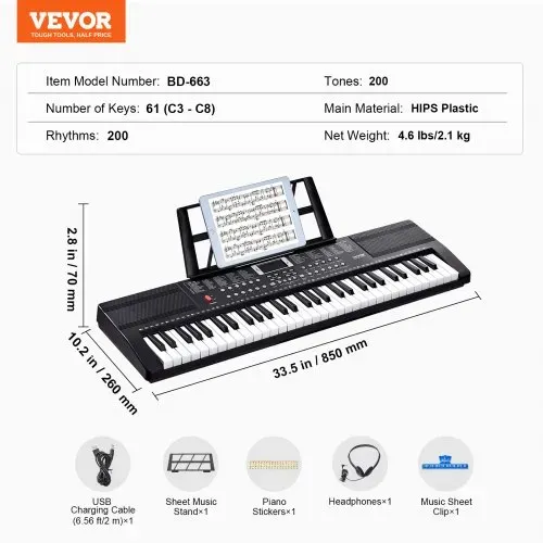 VEVOR Digitales Klavier mit 61 Tasten, 200 Töne, 200 Rhythmen, tragbares elektrisches Klavier-Keyboard-Kit mit 60 Demo-Songs, integrierten Doppellautsprechern, Kopfhörern, Mikrofon, Klavieraufklebern für Anfänger – Bild 6