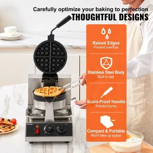 VEVOR Rundes Waffeleisen Waffel 1300 W, Kontaktgrill Belgische Waffeleisen 4 Stk. Edelstahl Waffeln Automat inkl. Lebensmittelclip & Bürsten & Verbrühungssicherer Griff, für Cafés, Restaurant usw. – Bild 4