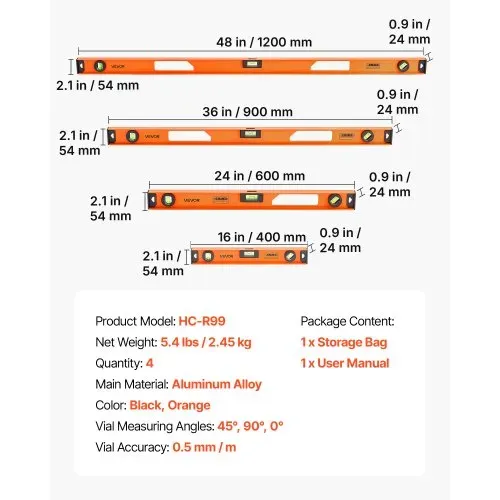 VEVOR 4 tlg. Wasserwaage Set, 40/60/90/120cm Richtwaage mit 3 Libellen 90°/45°/0° & 0,5mm/m Genauigkeit, Maurerwaage Meganetisch mit Aufhängeloch, Stoßfestes Messwerkzeug für Baustelle Hausrenovierung – Bild 6