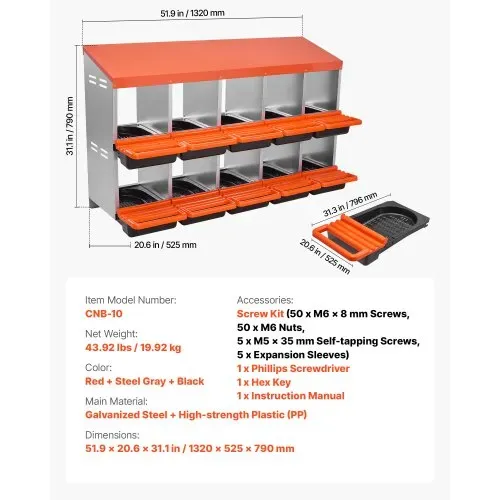 VEVOR Legenest 10 Fächer, Abrollnest aus Metall mit schützenden Auffangdeckeln, ausrollbare Legebox, Hühnernest, ideal für Hühner, Enten, Hähnchen & anderes Geflügel, 1320x525x790 mm – Bild 6