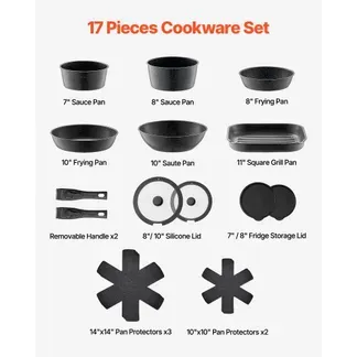 VEVOR Induktion Töpfe Pfannen Set (17-teilig) mit Glasdeckel antihaftbeschichtetes Kochgeschirr mit abnehmbarem Griff, Induktionskochtöpfe zum Braten, Würzen von Soßen und Kochen (Schwarz) VEVOR Induktion Töpfe Pfannen Set (17-teilig) mit Glasdeckel antihaftbeschichtetes Kochgeschirr mit abnehmbarem Griff, Induktionskochtöpfe zum Braten, Würzen von Soßen und Kochen (Schwarz)