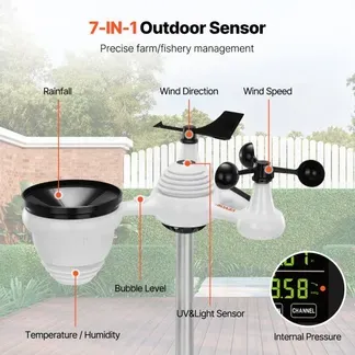 VEVOR 7-in-1 Wetterstation Funkwetterstation mit Außensensor 190,5 mm (7.5-inch) Farbdisplay RCC-Atomuhr zur Messung von Windrichtung Windgeschwindigkeit Luftdruck Innen/Außentemperatur und -feuchtigkeit Mondphase VEVOR 7-in-1 Wetterstation Funkwetterstation mit Außensensor 190,5 mm (7.5-inch) Farbdisplay RCC-Atomuhr zur Messung von Windrichtung Windgeschwindigkeit Luftdruck Innen/Außentemperatur und -feuchtigkeit Mondphase