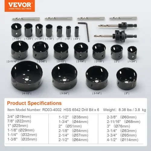 VEVOR Lochsäge Set Bimetall, 18-tlg. Lochblätter, 6 Lochbohrer Schnitttiefe 38 mm, Bimetall Lochsägensatz Bohrmaschine Zubehör, Profi Lochsägen zum Bohren von Holz, Eisen, Kunststoff und PVC usw. – Bild 6